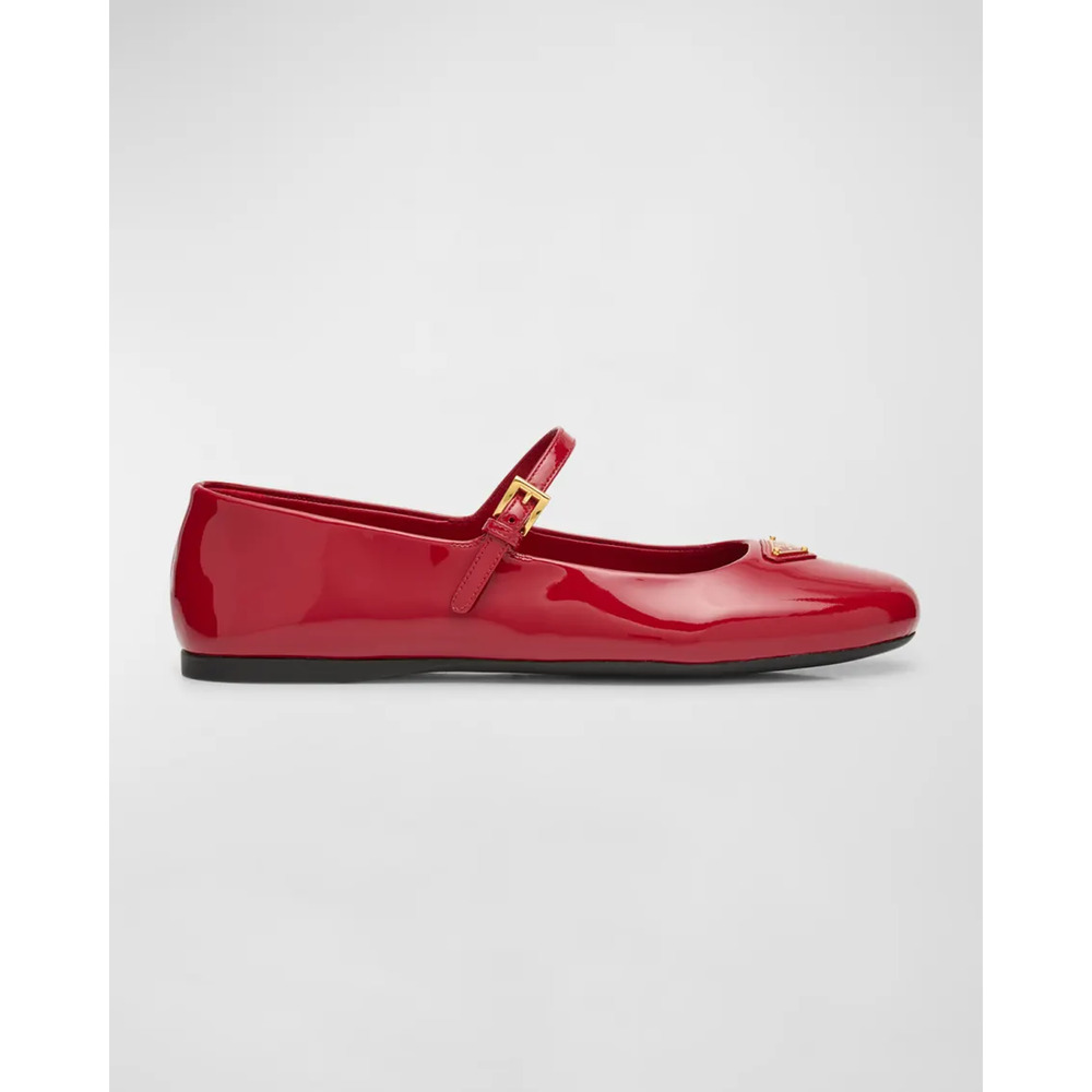Prada Cherry Red Patent Gold Triangle Logo Mary Jane Ballerina Ballet Flat 38.5 - Picture 3 of 16